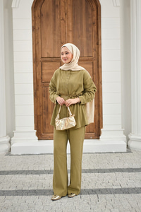 Bisiklet Yaka Bel Bağlamalı Dikiş Detay Takım Yağ Yeşil