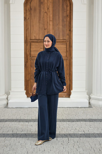 Bisiklet Yaka Bel Bağlamalı Dikiş Detay Takım Lacivert