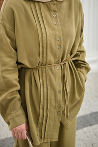 Bisiklet Yaka Bel Bağlamalı Dikiş Detay Takım Yağ Yeşil