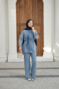 Bisiklet Yaka Bel Bağlamalı Dikiş Detay Takım Buz Mavi