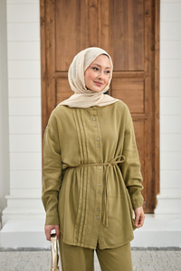 Bisiklet Yaka Bel Bağlamalı Dikiş Detay Takım Yağ Yeşil