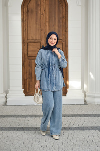 Bisiklet Yaka Bel Bağlamalı Dikiş Detay Takım Buz Mavi