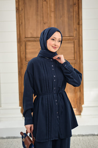 Bisiklet Yaka Bel Bağlamalı Dikiş Detay Takım Lacivert