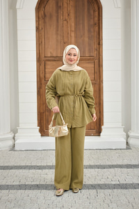 Bisiklet Yaka Bel Bağlamalı Dikiş Detay Takım Yağ Yeşil