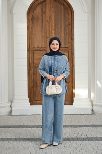 Bisiklet Yaka Bel Bağlamalı Dikiş Detay Takım Buz Mavi