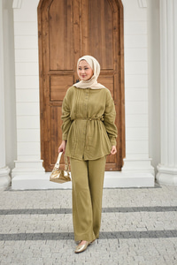 Bisiklet Yaka Bel Bağlamalı Dikiş Detay Takım Yağ Yeşil