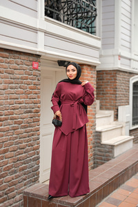 Bisiklet Yaka Bel Bağlamalı Takım Bordo