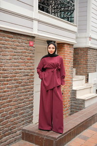 Bisiklet Yaka Bel Bağlamalı Takım Bordo