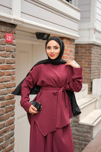 Bisiklet Yaka Bel Bağlamalı Takım Bordo