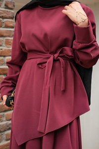 Bisiklet Yaka Bel Bağlamalı Takım Bordo