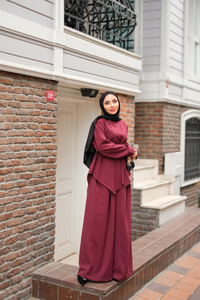 Bisiklet Yaka Bel Bağlamalı Takım Bordo