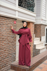 Bisiklet Yaka Bel Bağlamalı Takım Bordo