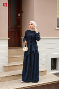 Bisiklet Yaka Bel Bağlamalı Takım Lacivert