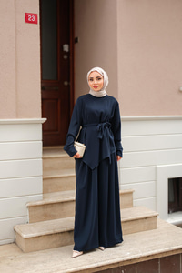 Bisiklet Yaka Bel Bağlamalı Takım Lacivert