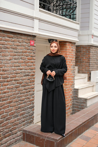 Bisiklet Yaka Bel Bağlamalı Takım Siyah