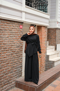 Bisiklet Yaka Bel Bağlamalı Takım Siyah