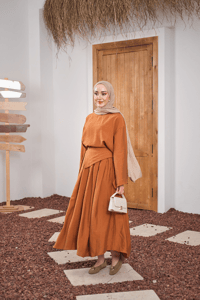 Bisiklet Yaka Beli Kendinden Desenli Takım Turuncu