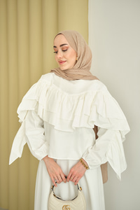 Bisiklet Yaka Büzgülü Balon Kol Tunik Beyaz