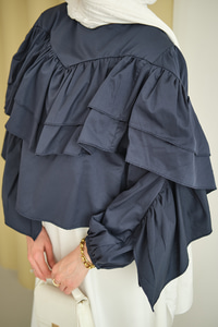 Bisiklet Yaka Büzgülü Balon Kol Tunik İndigo Mavi