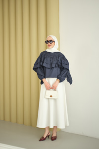 Bisiklet Yaka Büzgülü Balon Kol Tunik İndigo Mavi