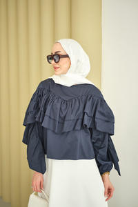 Bisiklet Yaka Büzgülü Balon Kol Tunik İndigo Mavi