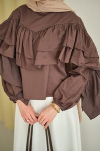 Bisiklet Yaka Büzgülü Balon Kol Tunik Kahverengi