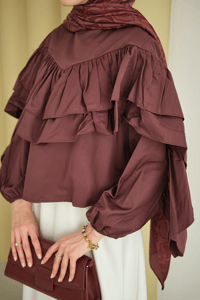 Bisiklet Yaka Büzgülü Balon Kol Tunik Mürdüm