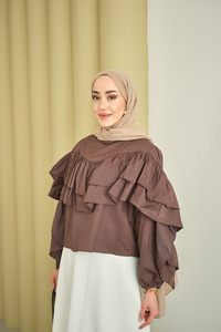 Bisiklet Yaka Büzgülü Balon Kol Tunik Kahverengi