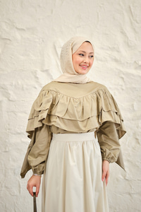 Bisiklet Yaka Büzgülü Balon Kol Tunik Küf Yeşil