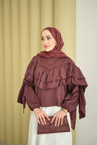 Bisiklet Yaka Büzgülü Balon Kol Tunik Mürdüm