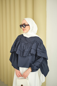 Bisiklet Yaka Büzgülü Balon Kol Tunik İndigo Mavi