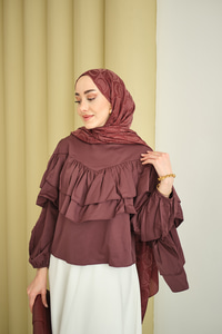 Bisiklet Yaka Büzgülü Balon Kol Tunik Mürdüm