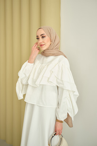 Bisiklet Yaka Büzgülü Balon Kol Tunik Beyaz