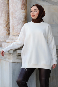 Bisiklet Yaka Fermuarlı Sweat Krem