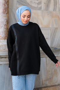 Bisiklet Yaka Fermuarlı Sweat Siyah