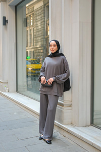 Bisiklet Yaka İkili Takım Gri