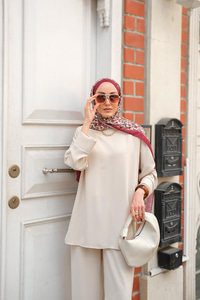 Bisiklet Yaka İkili Takım Krem