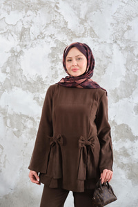 Bisiklet Yaka Kurdele Detay Modal Takım Kahverengi