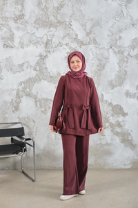 Bisiklet Yaka Kurdele Detay Modal Takım Bordo