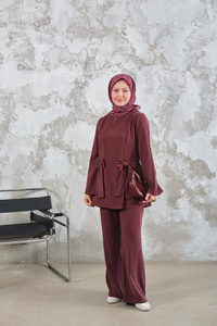 Bisiklet Yaka Kurdele Detay Modal Takım Bordo