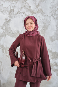 Bisiklet Yaka Kurdele Detay Modal Takım Bordo