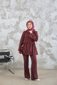 Bisiklet Yaka Kurdele Detay Modal Takım Bordo