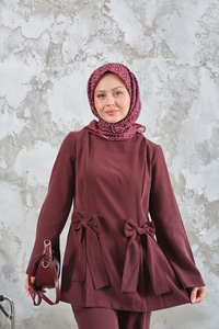 Bisiklet Yaka Kurdele Detay Modal Takım Bordo