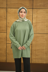 Bisiklet Yaka Omuz Taş Detay Regular Viskon Tunik Yeşil