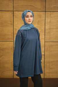 Bisiklet Yaka Omuz Taş Detay Regular Viskon Tunik İndigo Mavi