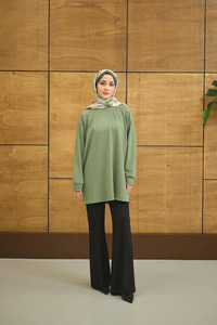 Bisiklet Yaka Omuz Taş Detay Regular Viskon Tunik Yeşil