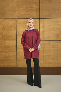 Bisiklet Yaka Omuz Taş Detay Regular Viskon Tunik Bordo