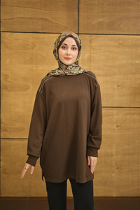 Bisiklet Yaka Omuz Taş Detay Regular Viskon Tunik Kahverengi