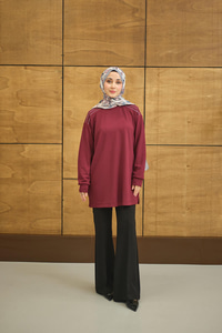 Bisiklet Yaka Omuz Taş Detay Regular Viskon Tunik Bordo