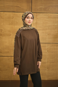 Bisiklet Yaka Omuz Taş Detay Regular Viskon Tunik Kahverengi